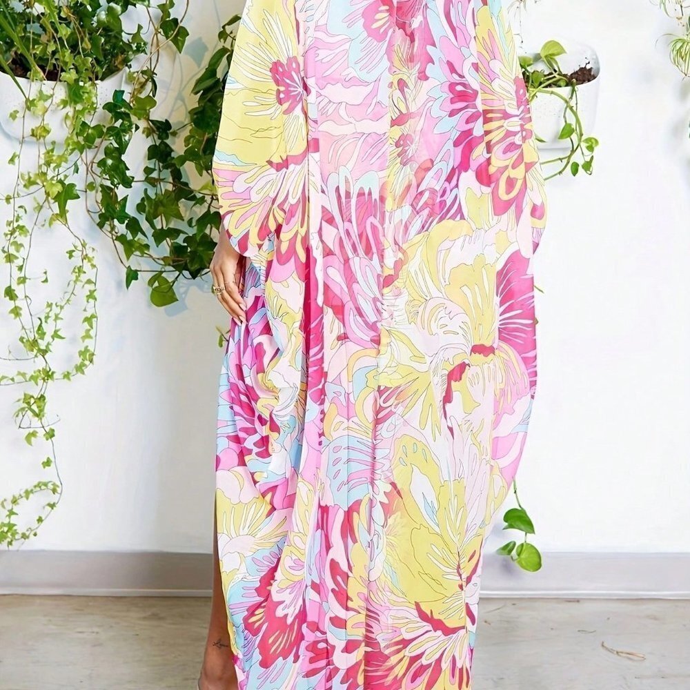 Multicolor Boho Womens Floral Print Batwing Sleeve Coat & Short - Picture 2 of 4